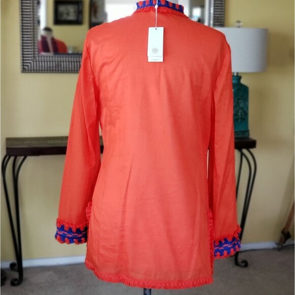 Tory Burch Samba Fringe Trim Tunic/Top Orange Blue Size 6 - Picture 4 of 8